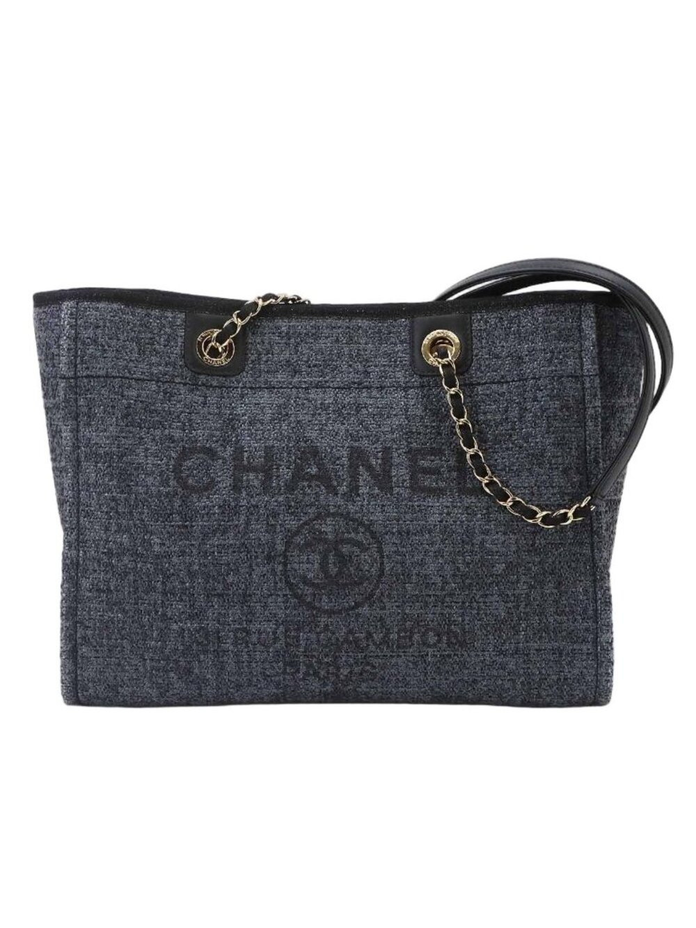 Chanel Deauville MM Chain Tote Bag Straw Navy Black Gold